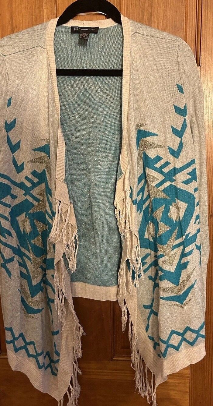 Womens INC Turquoise & Gold Western/Atzec Fringe Cardigan Lightweight Sweater XL